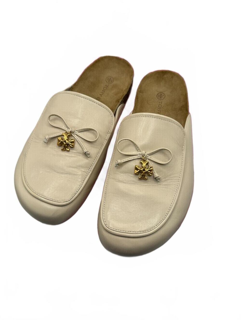 Tory Burch Ivory Leather Slip-On Mules with Gold Bow Accent - Picture 2 of 8